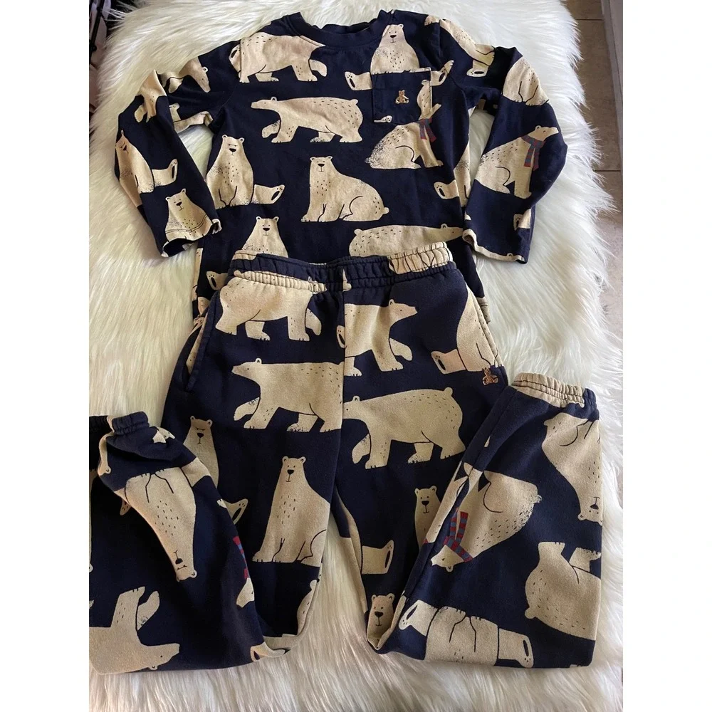 Gap Baby Boy's Navy Blue Cream Polar Bear Long Sleeve Top & Jogger Set Size 6
